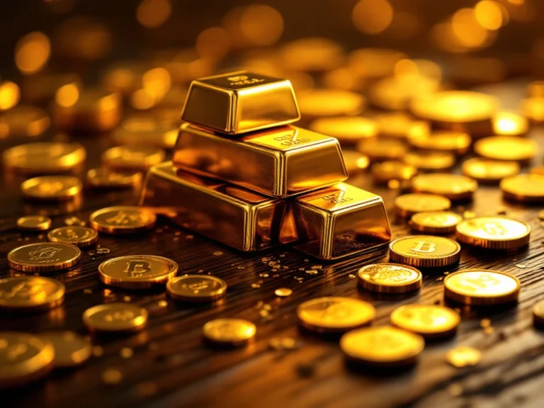 Gouden munten en goudstaven op donker houten oppervlak met dramatische belichting en reflecties