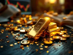 Goudstaven en munten op donker hout met dramatische verlichting, economische onzekerheid op achtergrond
