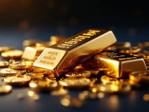 Gouden munten en staven in close-up met dramatische verlichting tegen donkere achtergrond voor investeringen