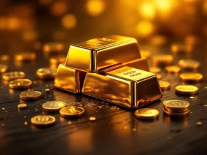 Goudstaven en munten op donkere houten tafel met dramatische verlichting, luxe investeringsmetalen