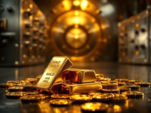 Gouden staven en munten in professionele kluisruimte met stalen kluisjes en kluisdeur op achtergrond