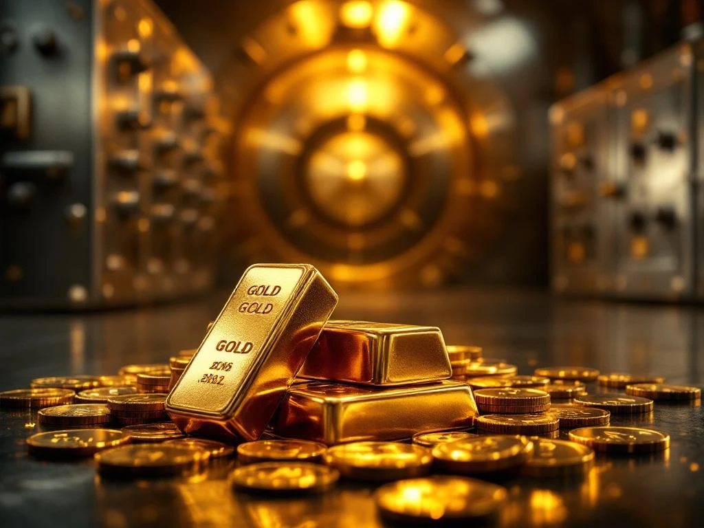 Gouden staven en munten in professionele kluisruimte met stalen kluisjes en kluisdeur op achtergrond