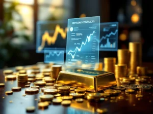 Gouden munten en staven op donker hout met zwevende contracten en financiële grafieken, dramatische verlichting