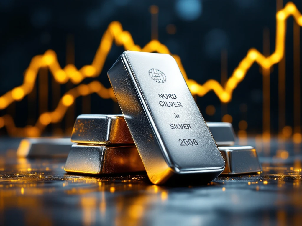 Zilveren baren met opwaartse financiële grafiek op achtergrond, investeringsconcept met gouden verlichting