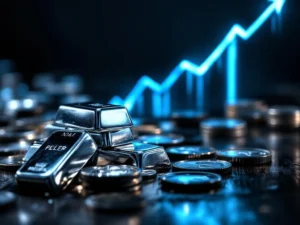 Zilveren munten en staven op donker hout met stijgende financiële grafiek op achtergrond, symboliseert edelmetaal investering