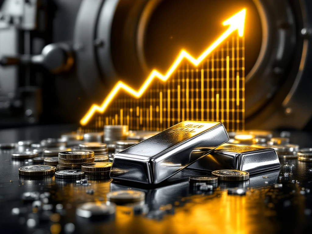 Zilveren munten en staven op donkere ondergrond met gouden stijgende grafiek en kluisdeur op achtergrond