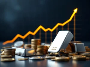 Zilveren munten en staven met stijgende financiële grafiek op donkerblauwe achtergrond, symboliseert groei en welvaart