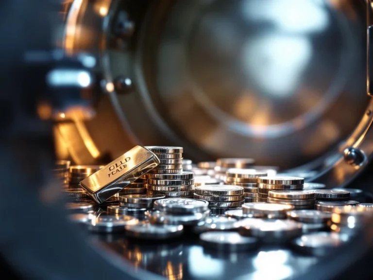 Zilveren munten en staven gestapeld in kluisje met dramatische belichting en spiegelende oppervlakken