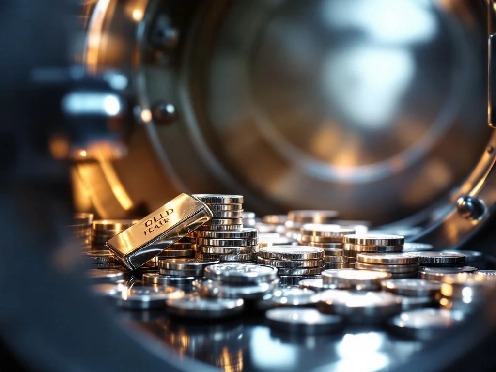 Zilveren munten en staven gestapeld in kluisje met dramatische belichting en spiegelende oppervlakken