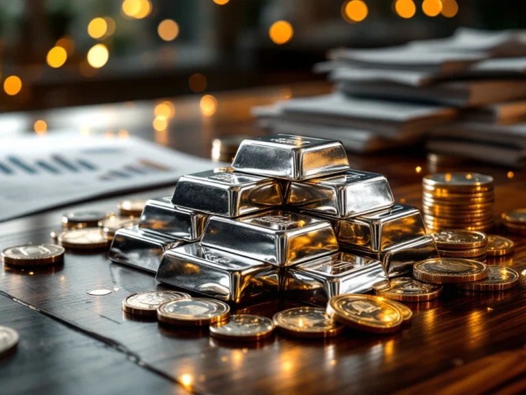 Zilveren staven en munten in piramide op mahoniehout met financiële documenten op achtergrond