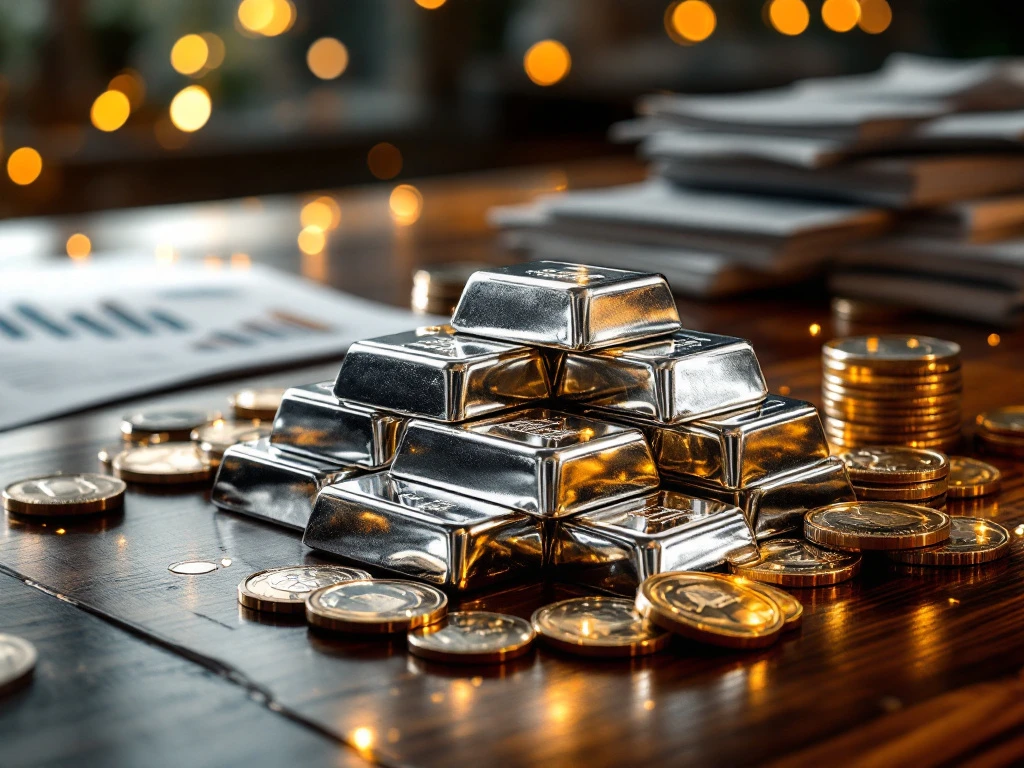 Zilveren staven en munten in piramide op mahoniehout met financiële documenten op achtergrond