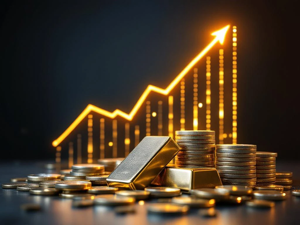 Zilveren munten en staven met stijgende financiële grafiek op gouden achtergrond, symboliseert edelmetaal investeringsgroei