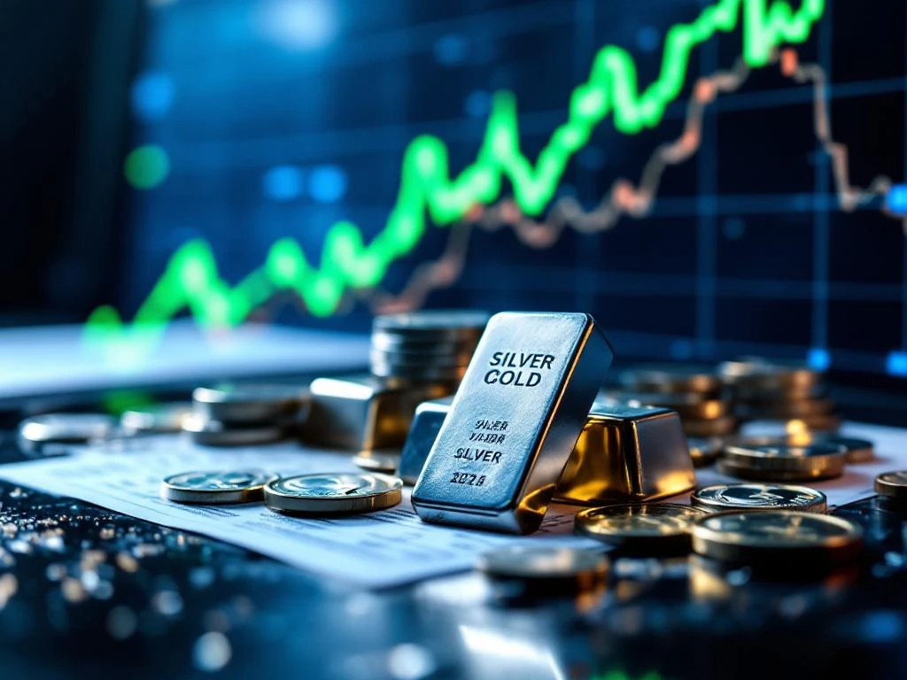Zilveren munten en staven op donkere ondergrond met stijgende financiële grafiek op achtergrond