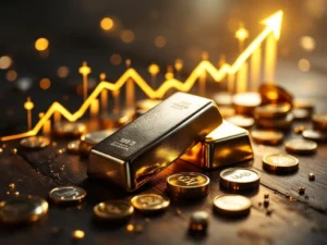 Zilveren munten en staven op donker hout met gouden stijgende financiële grafiek op achtergrond