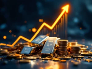 Zilveren munten en staven met opwaartse financiële grafiek die groei en investeringswinst toont in gouden licht