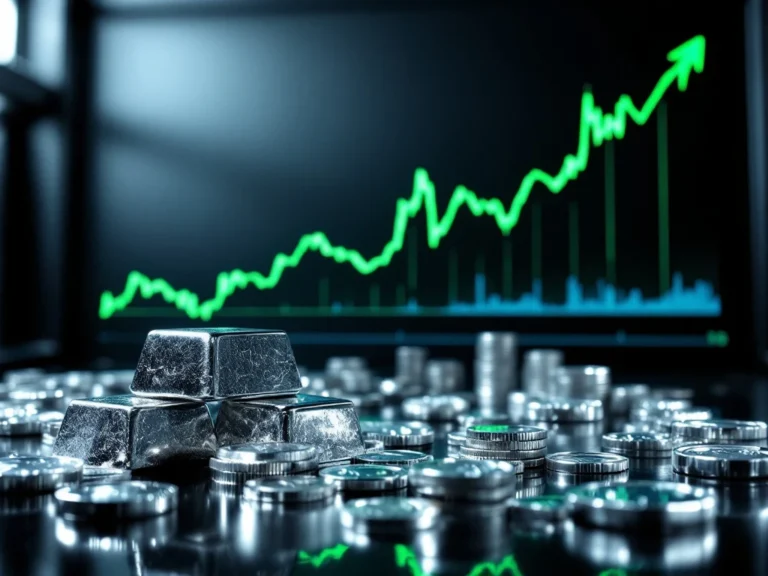 Zilveren munten en staven met stijgende financiële grafiek op achtergrond, dramatische verlichting en groene trendlijnen