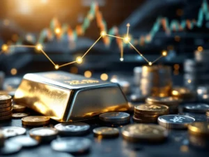 Zilveren staven en munten met gouden accenten en financiële grafieken op achtergrond voor edelmetaalhandel