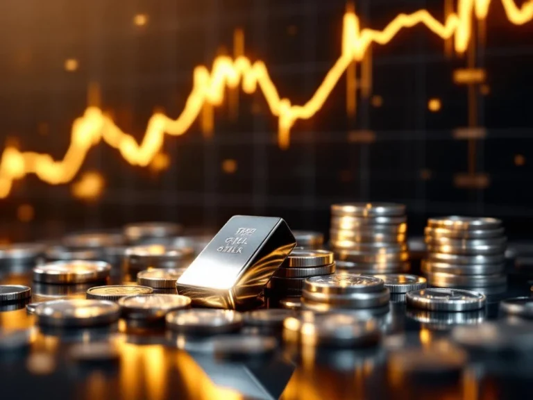 Zilveren munten en staven op donkere ondergrond met stijgende gouden financiële grafiek op achtergrond