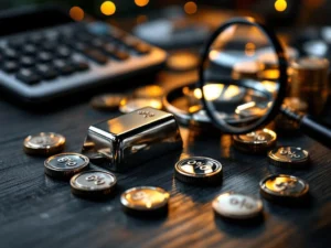 Zilveren munten en staven op houten oppervlak met rekenmachine, grafieken en vergrootglas voor financieel advies