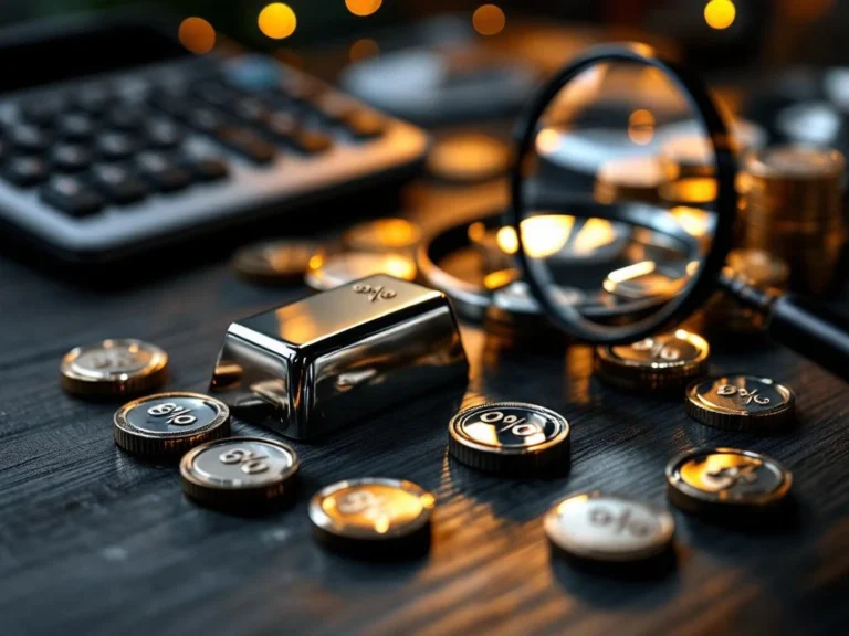 Zilveren munten en staven op houten oppervlak met rekenmachine, grafieken en vergrootglas voor financieel advies