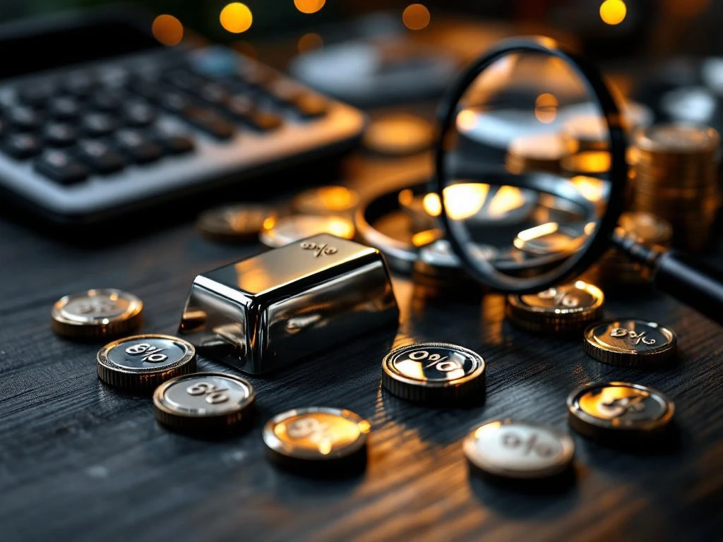 Zilveren munten en staven op houten oppervlak met rekenmachine, grafieken en vergrootglas voor financieel advies