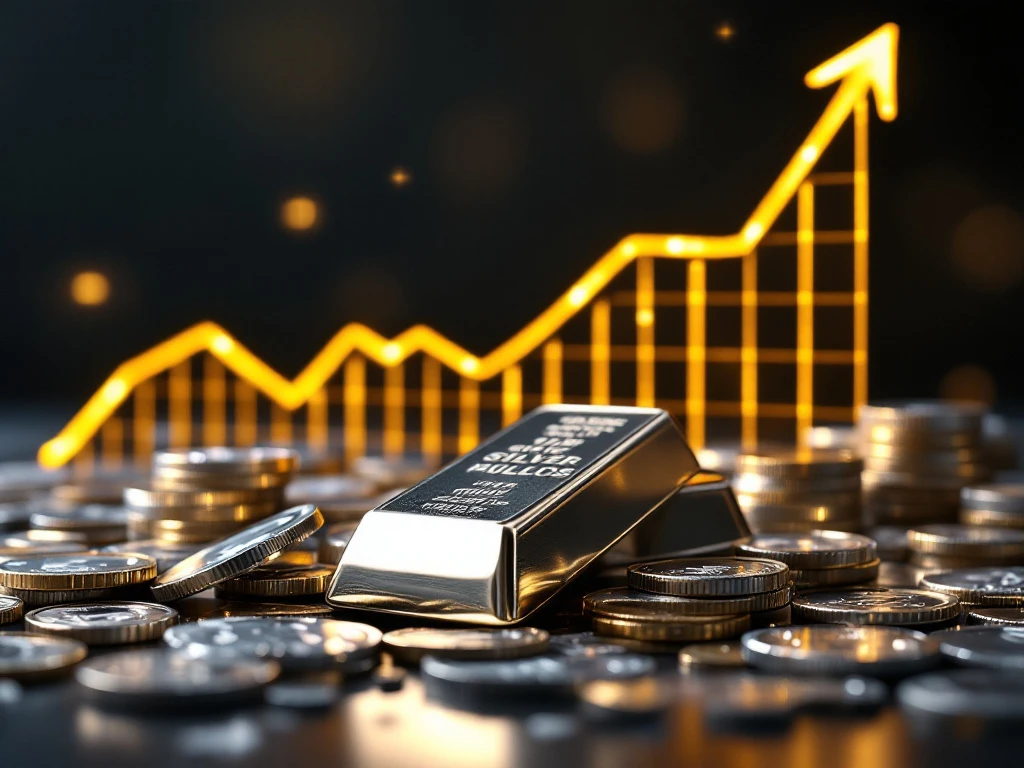 Zilveren munten en staven met stijgende financiële grafiek die investeringsgroei in edelmetalen toont