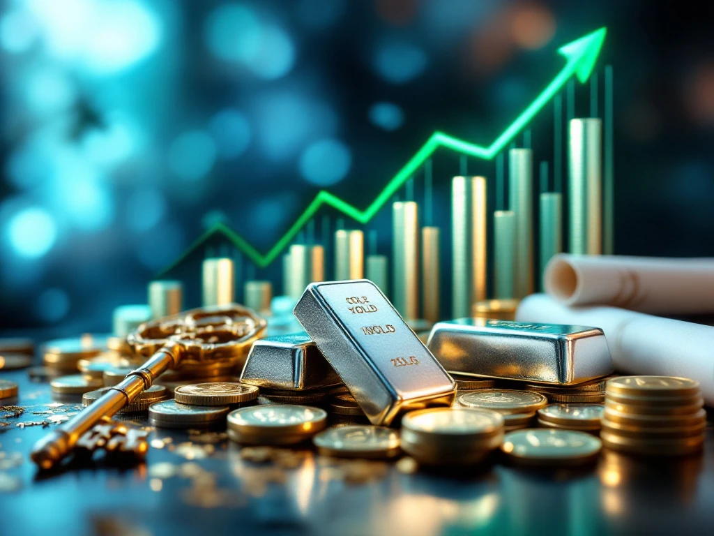 Zilveren munten en staven met stijgende financiƫle grafiek, vintage sleutel en documenten op blauwe achtergrond