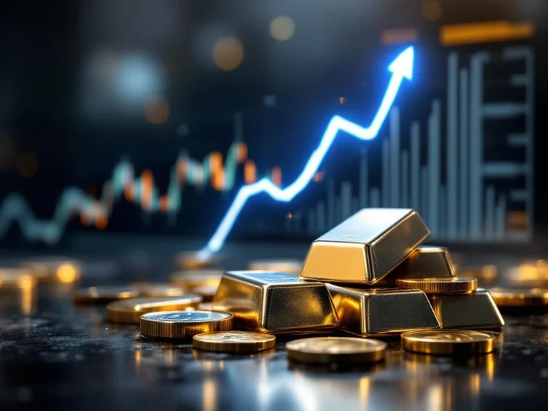 Zilveren munten en staven met stijgende financiële grafiek, gouden verlichting toont groei in edelmetaal investeringen