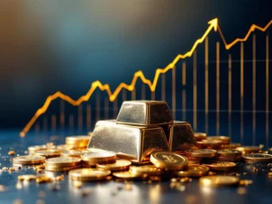 Zilveren munten en staven met stijgende financiële grafiek op blauwe achtergrond, symboliseert edelmetaal investering groei