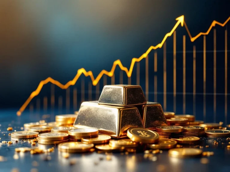 Zilveren munten en staven met stijgende financiële grafiek op blauwe achtergrond, symboliseert edelmetaal investering groei