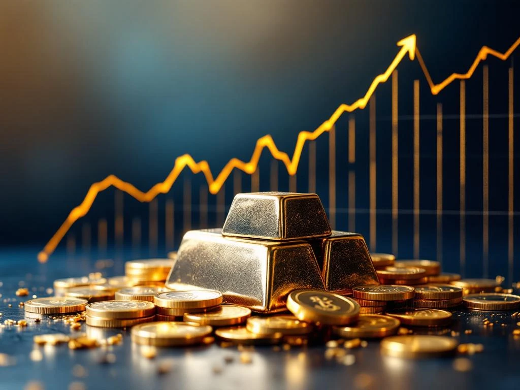 Zilveren munten en staven met stijgende financiële grafiek op blauwe achtergrond, symboliseert edelmetaal investering groei