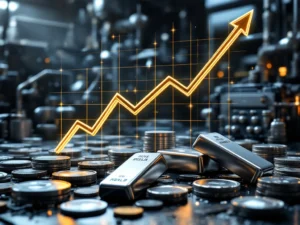 Zilveren munten en staven met stijgende grafiek over industriële technologie en zonnepanelen voor edelmetaalinvestering