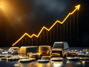 Zilveren munten en staven met stijgende financiële grafiek die groei van edelmetaalmarkt toont