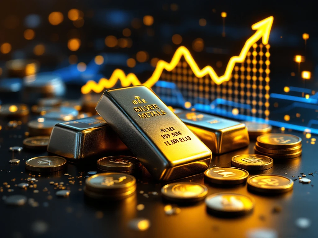 Zilveren munten en staven met stijgende goudkleurige grafiek op achtergrond, investeringsgroei concept