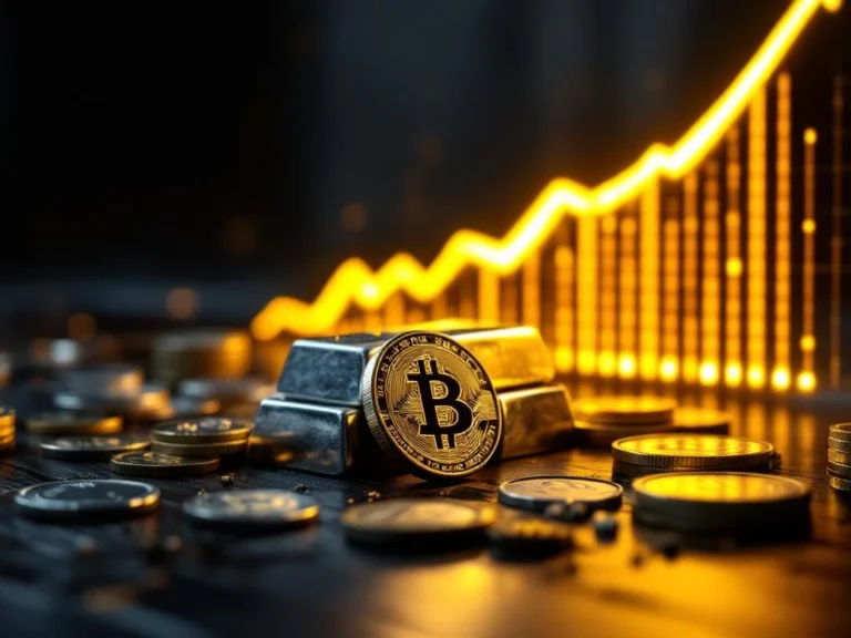 Zilveren munten en staven op donker hout met stijgende gouden financiële grafiek op achtergrond, investeringsconcept