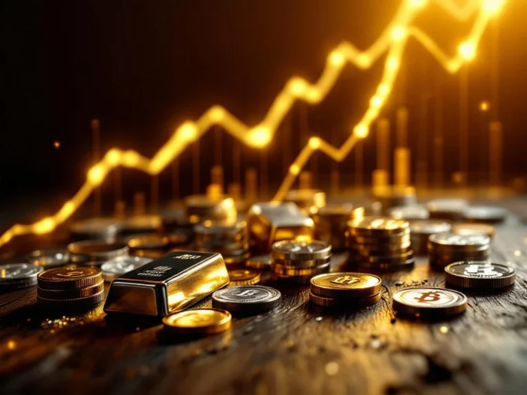 Zilveren munten en staven op donker hout met stijgende financiële grafiek op gouden achtergrond, investeringsgroei