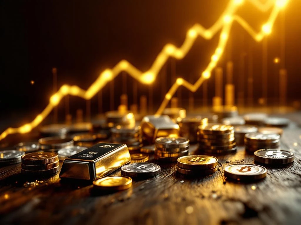 Zilveren munten en staven op donker hout met stijgende financiële grafiek op gouden achtergrond, investeringsgroei