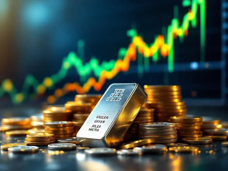 Zilveren munten en staven met stijgende financiële grafiek op achtergrond, symboliseert winstgevende edelmetalen investering