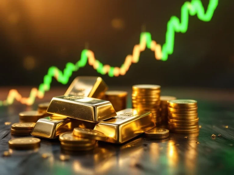 Zilveren munten en staven op donker hout met stijgende financiële grafiek op achtergrond, edelmetaal investering concept