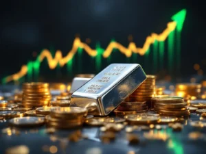 Zilveren munten en staven met stijgende financiële grafiek op achtergrond, gouden verlichting toont inflatiebescherming