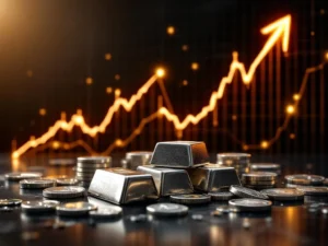Zilveren munten en staven op donkere ondergrond met gouden stijgende financiële grafiek op de achtergrond