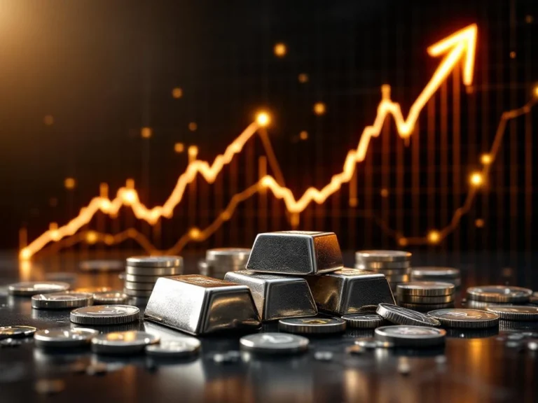 Zilveren munten en staven op donkere ondergrond met gouden stijgende financiƫle grafiek op de achtergrond