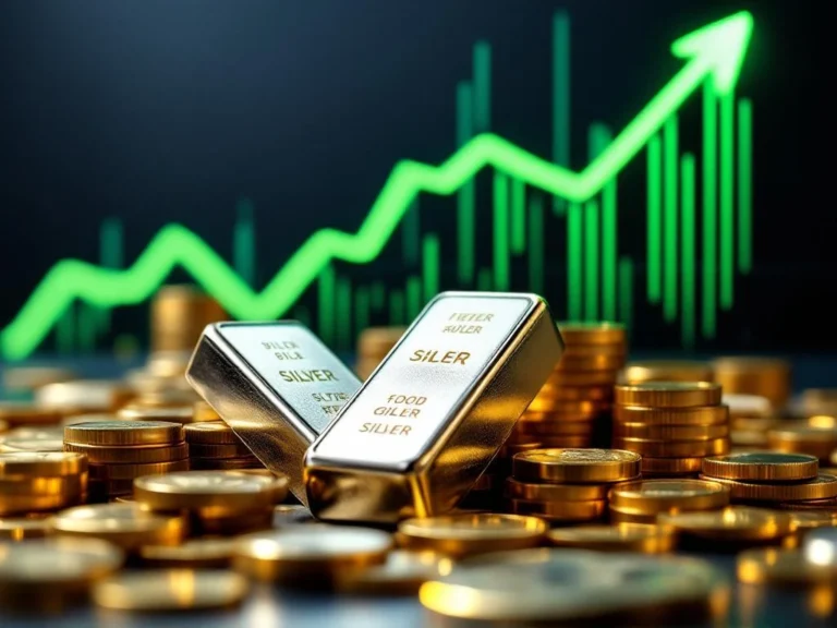 Zilveren munten en staven met stijgende financiële grafiek op achtergrond tonen groei edelmetaal investeringen