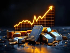 Zilveren munten en staven op donker hout met stijgende gouden financiële grafiek op de achtergrond