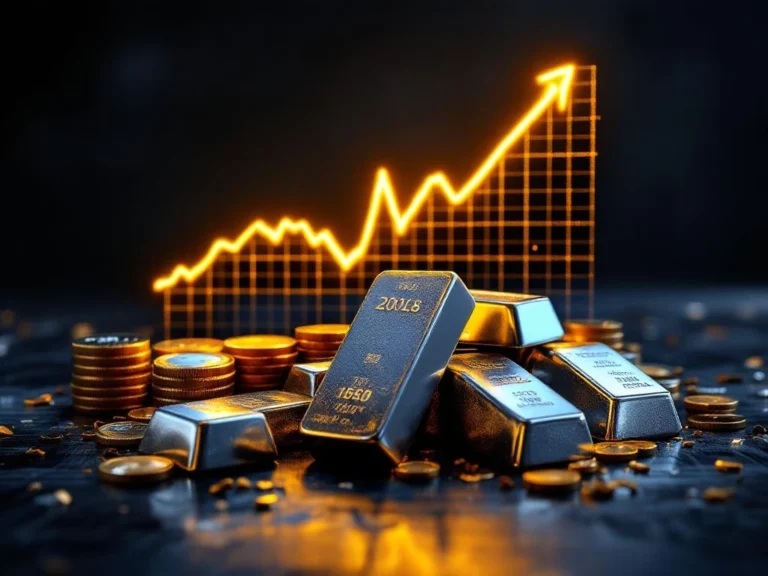 Zilveren munten en staven op donker hout met stijgende gouden financiële grafiek op de achtergrond