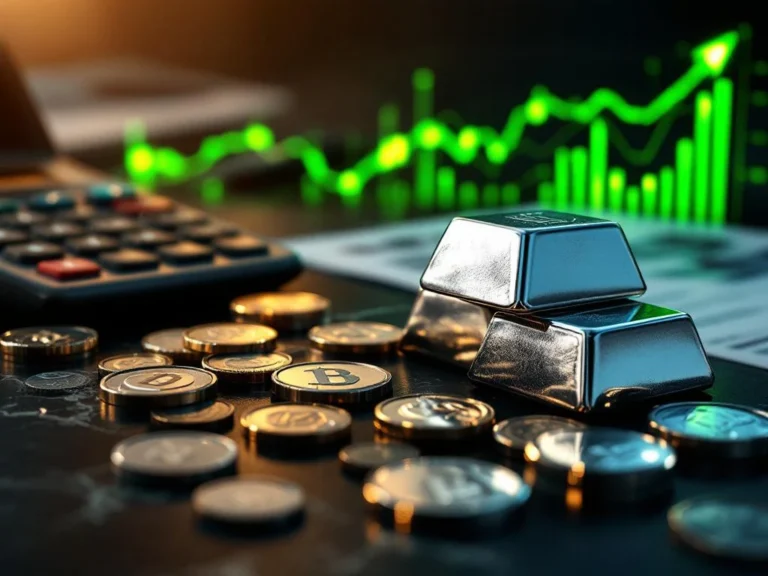 Zilveren munten en staven met stijgende financiële grafiek en belastingdocumenten op donkere ondergrond