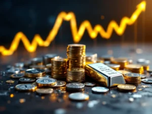 Zilveren munten, staven en rondjes op donker hout met stijgende financiële grafiek op achtergrond, investeringsconcept