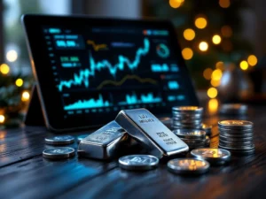 Zilveren investeringsopties met munten en staven op houten tafel naast tablet met marktgrafieken