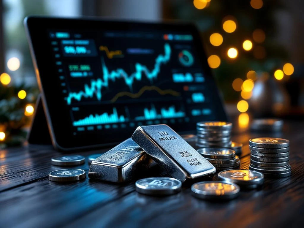 Zilveren investeringsopties met munten en staven op houten tafel naast tablet met marktgrafieken