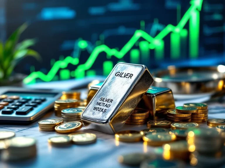 Zilveren munten en staven met stijgende financiële grafiek, calculator en investeringsdocumenten op achtergrond